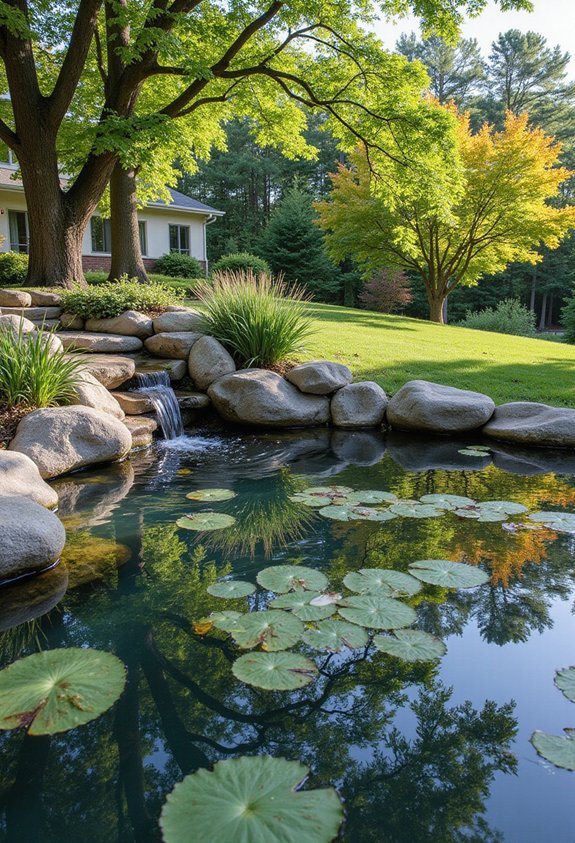 architectural style harmonizing front yard pond