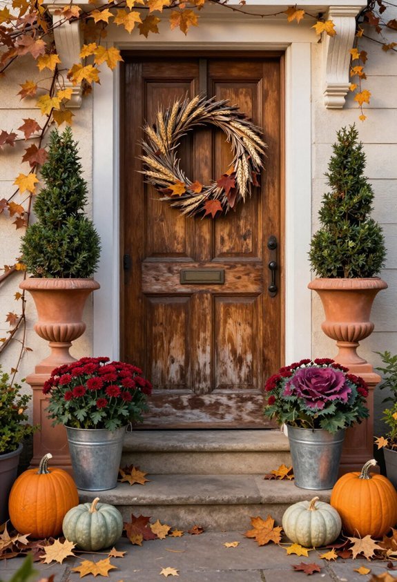 balanced entrance with topiaries