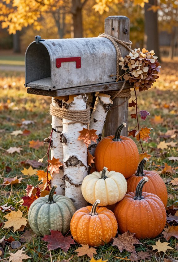 birch logs and pumpkins