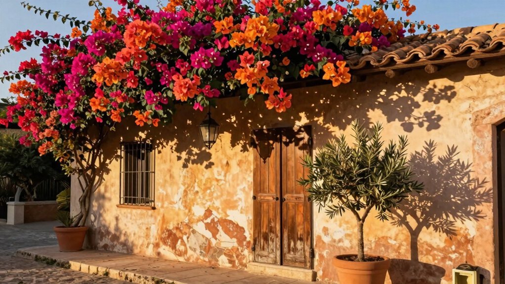 climbing bougainvillea on stucco