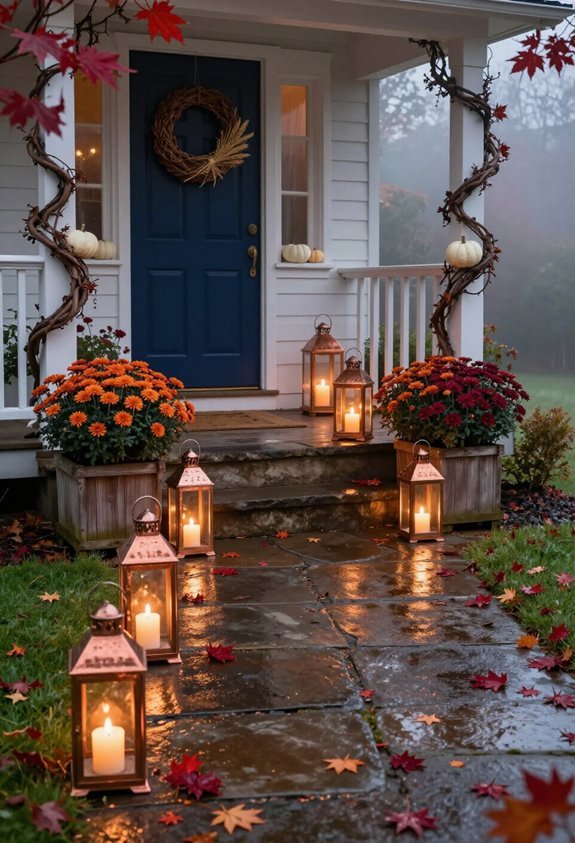 copper lanterns illuminate pathways