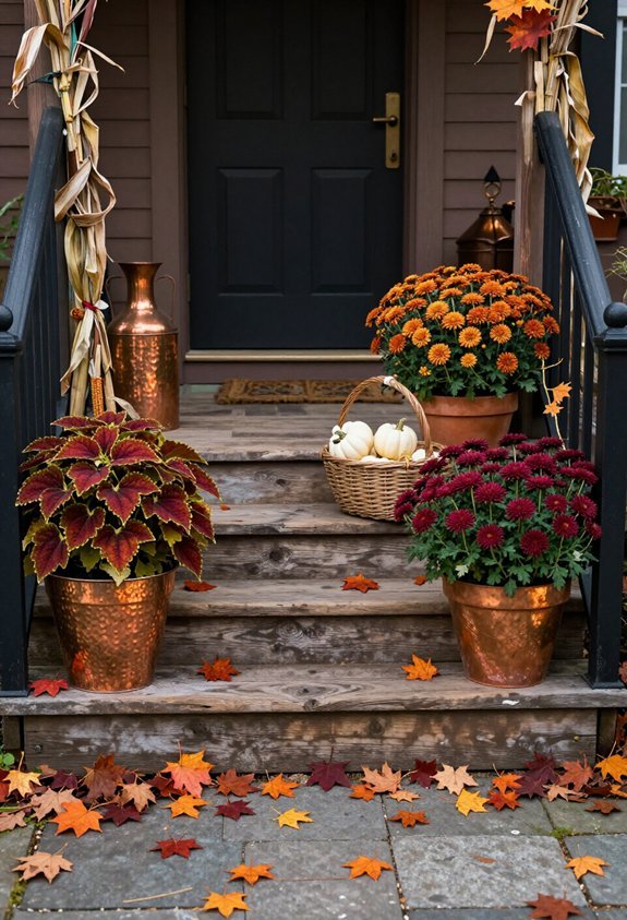 copper planters enhance stairway