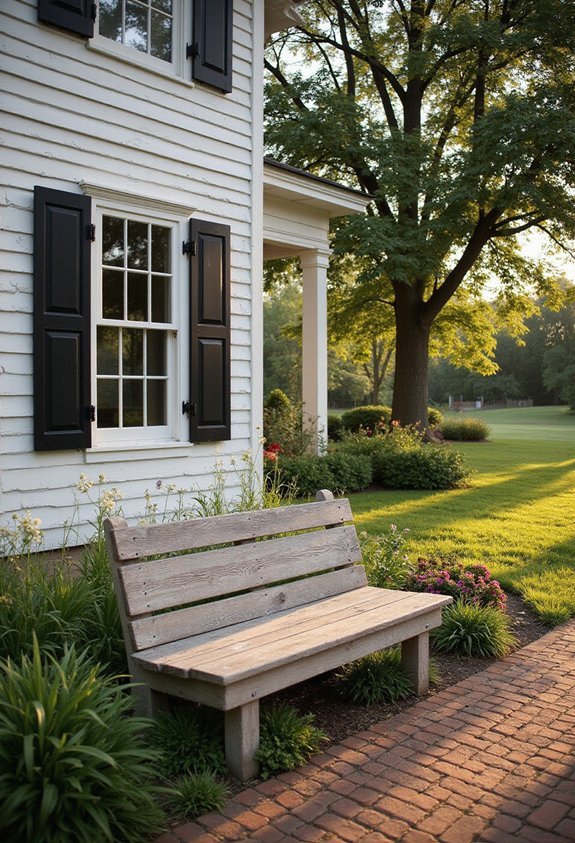 cozy weathered wood farmhouse benches