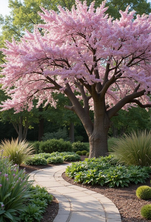 curated outdoor gallery through flowering trees