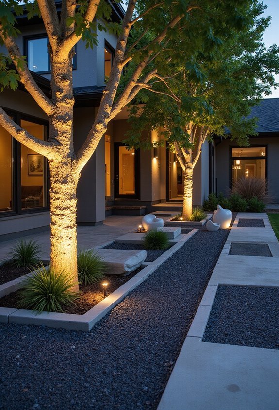 dramatic nighttime gravel garden lighting
