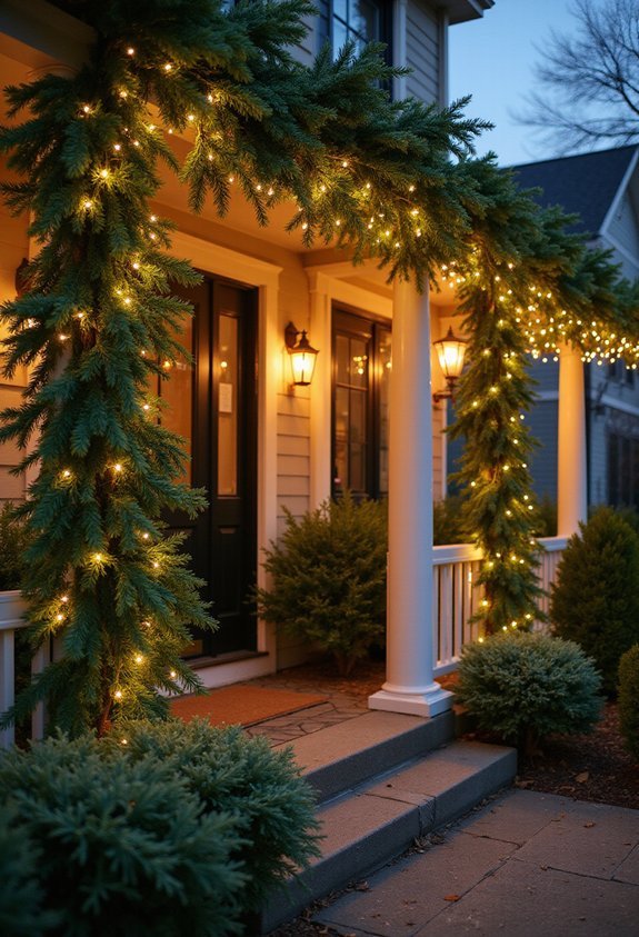 evergreen garland with twinkling lights