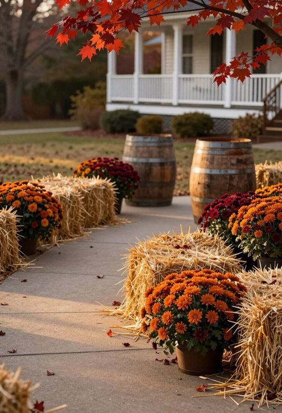 hay bales and chrysanthemums
