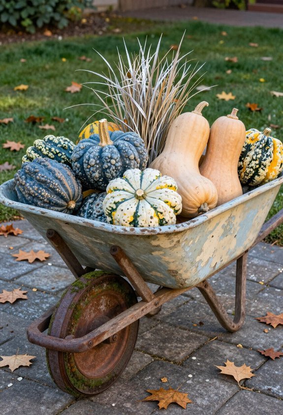 heirloom squash in wheelbarrow