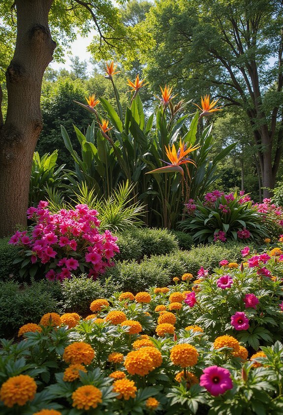 layered tropical floral composition by height