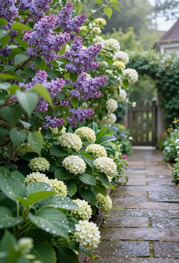 mixed flowering shrub hedge