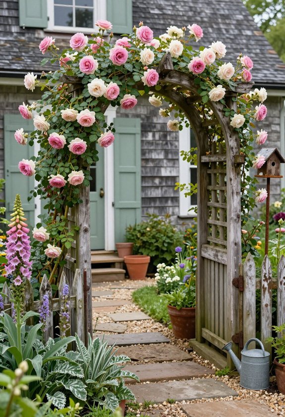 old fashioned roses on trellis