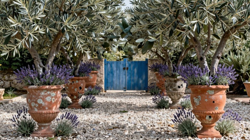 olive trees in urns