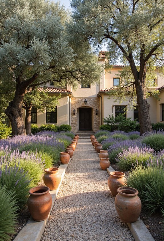 olive trees lavender herbs gravel pathways