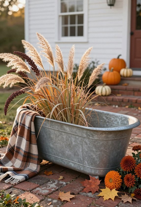 overflowing ornamental grass tubs