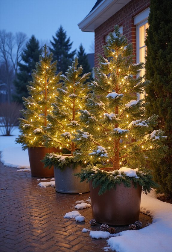 potted evergreen christmas trees in decorative planters