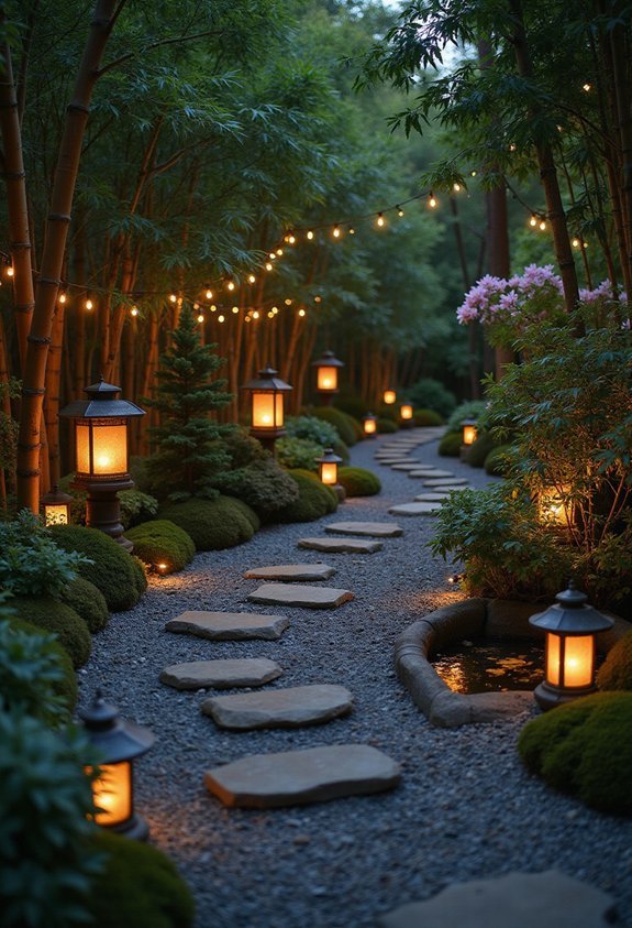serene nighttime japanese front yard lighting