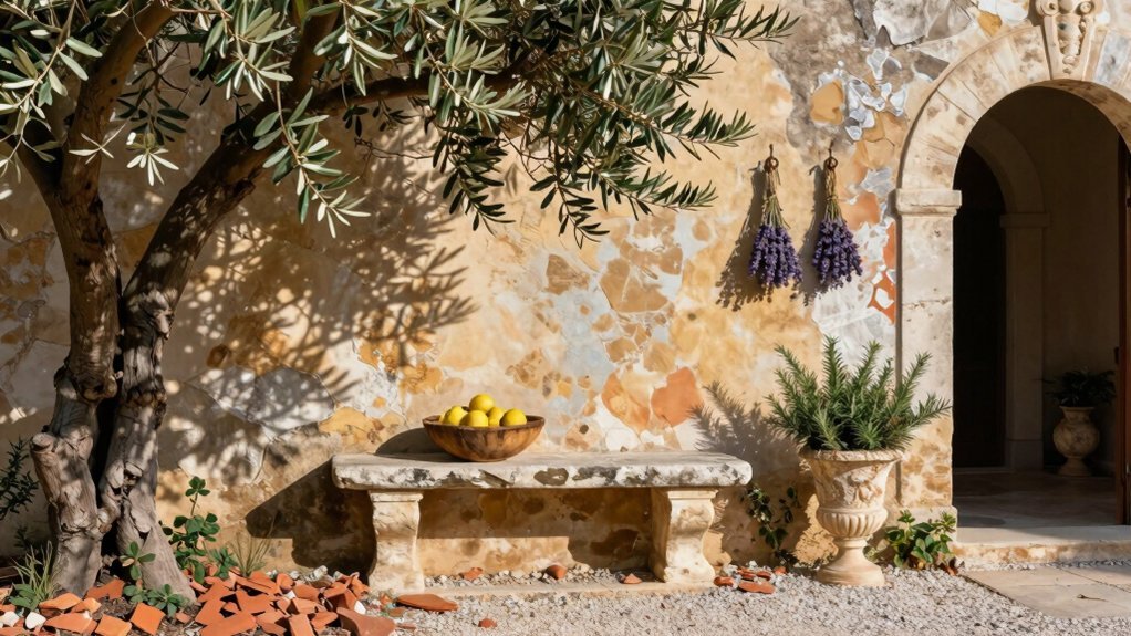 shaded stone bench arrival