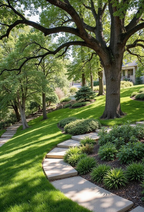 sloped yards statement trees anchoring design