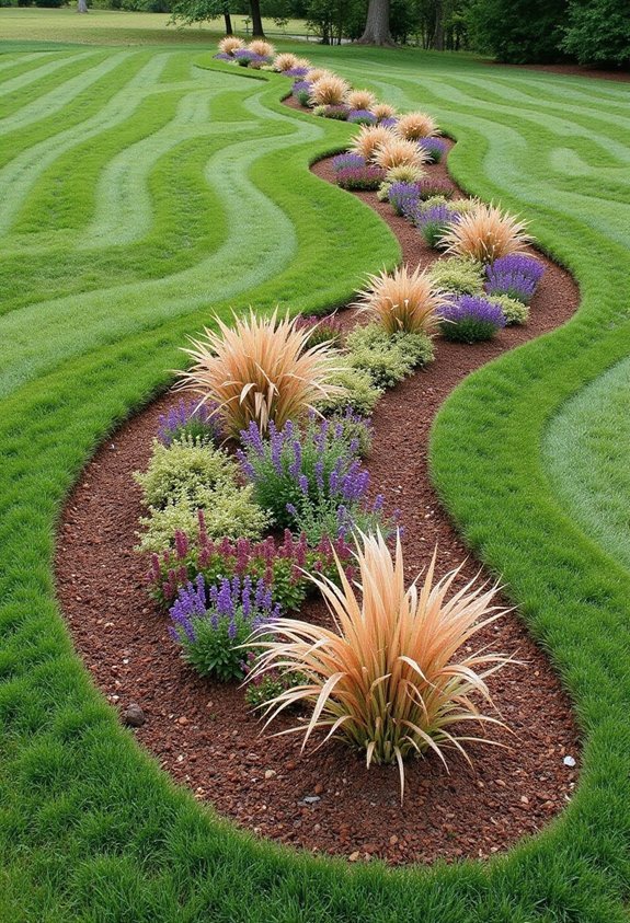 sophisticated flowing curved flower beds