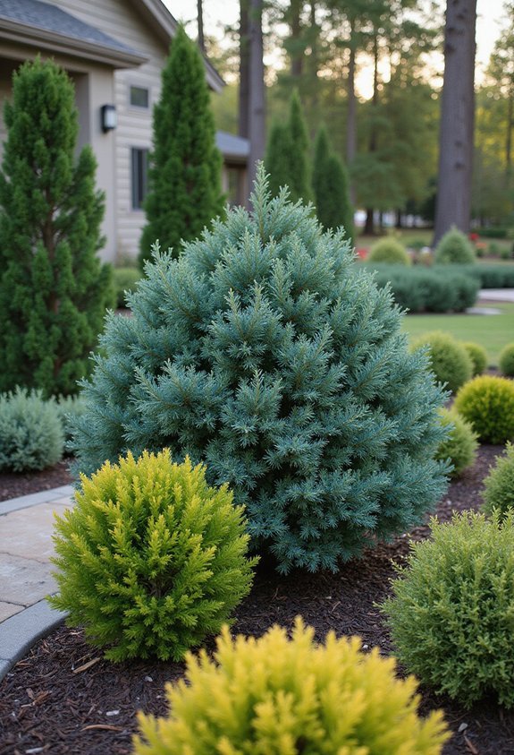 sophisticated low maintenance textured evergreen conifers