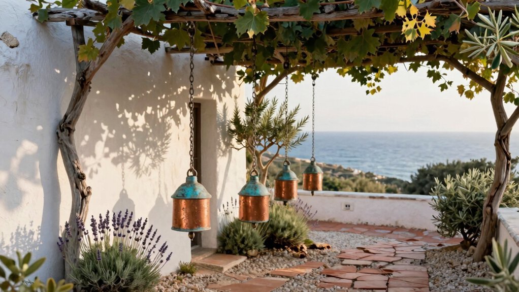 suspended copper pots display