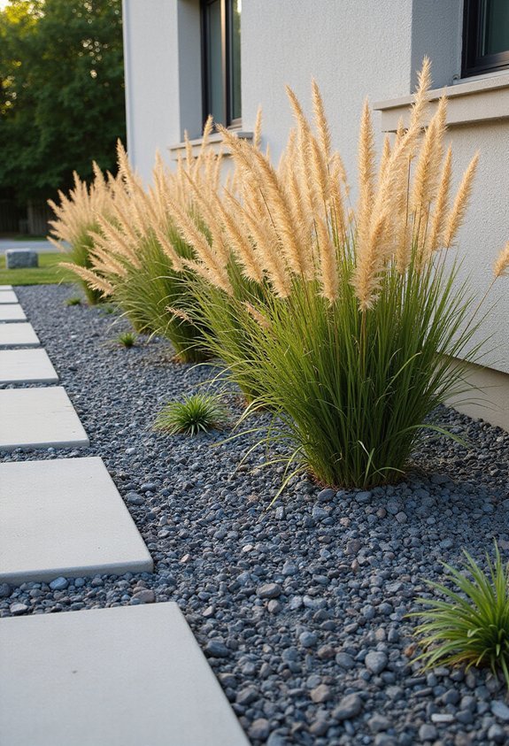 swaying textured gravel grounded layered ornamental grasses
