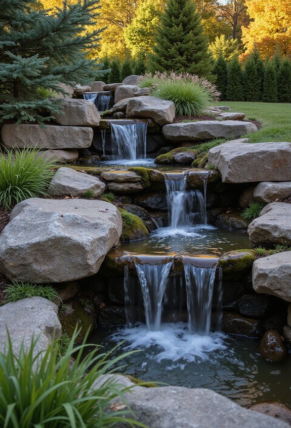 tiered varied illuminated cascading water features