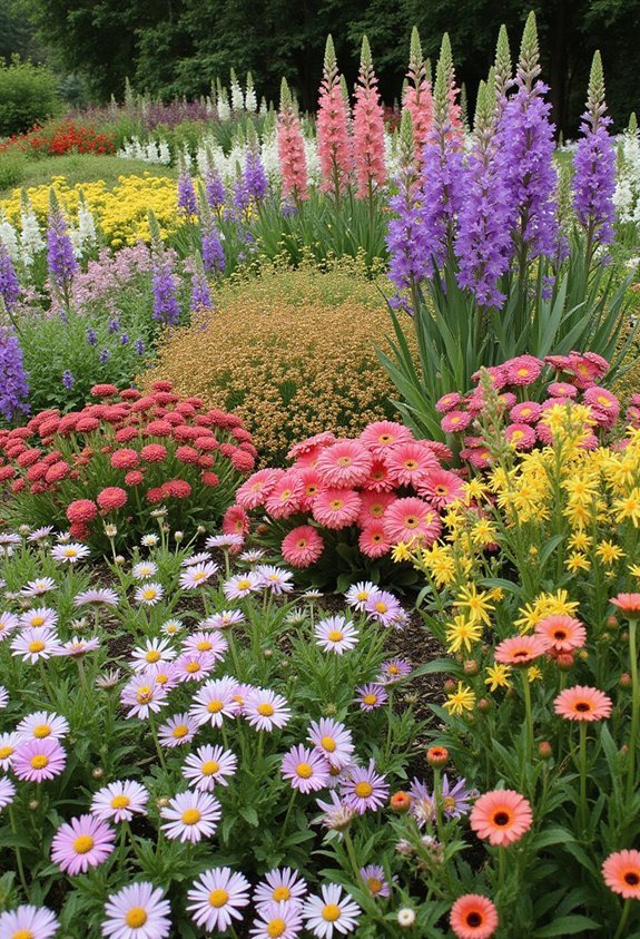 visually lively cottage style flower beds