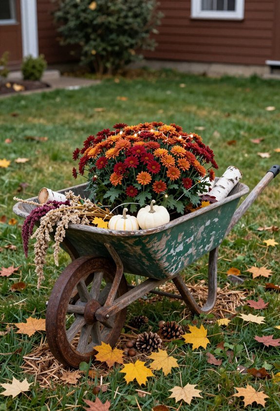 weathered wheelbarrows autumn display