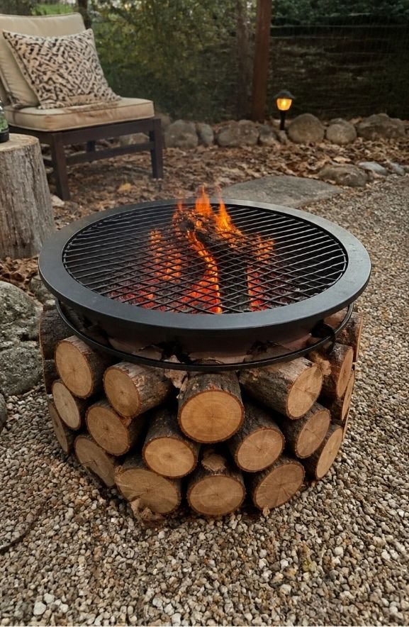 DIY Fire Pit With Metal Grate and Log Base