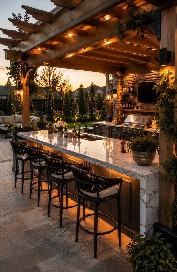 High-End Pergola Bar With Marble Top