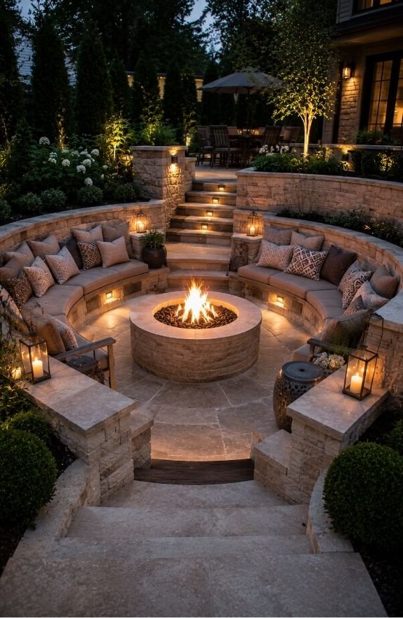 High-End Sunken Fire Pit With Stone Coping