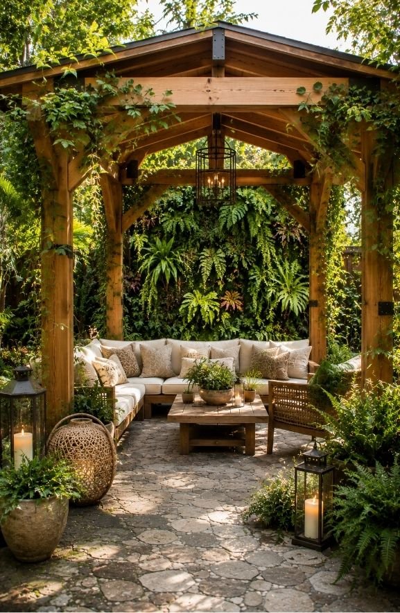 Open-Roof Screened Structure With Living Wall Design