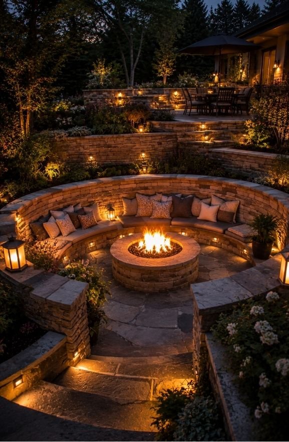 Sunken Fire Pit With Built-In Retaining Wall