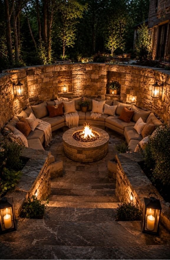 Wind-Protected Sunken Fire Pit With Stone Enclosure