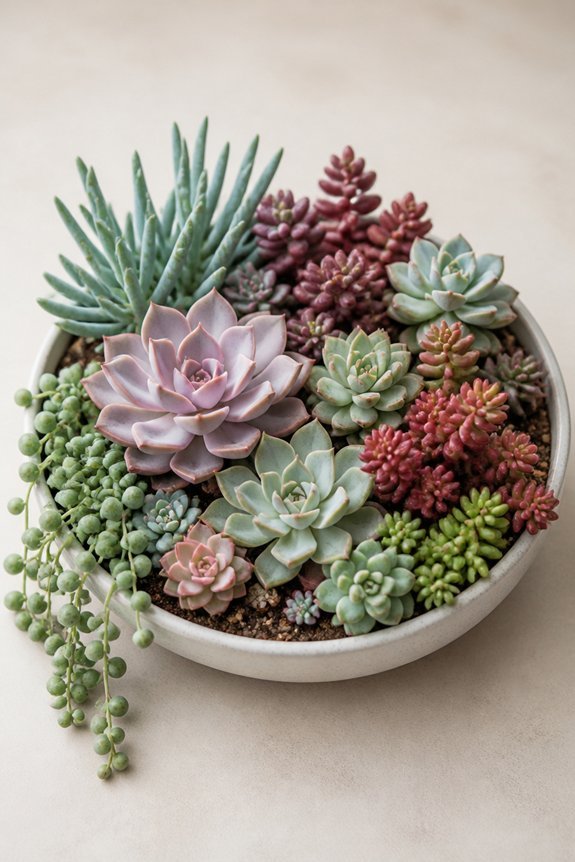 contrasting colorful succulent arrangement