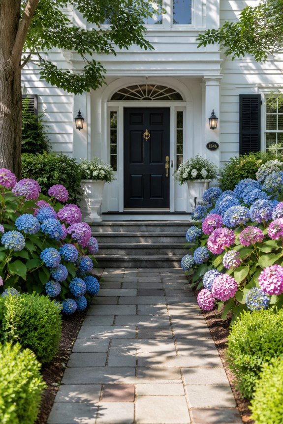 framing entrance with hydrangeas