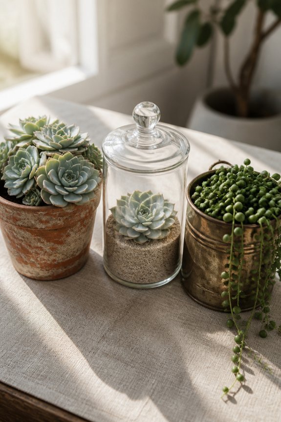 vintage container succulent arrangements
