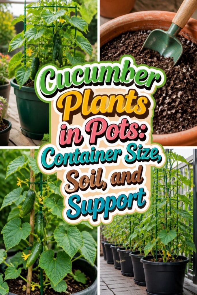 Cucumber plants growing in pots on a sunny patio