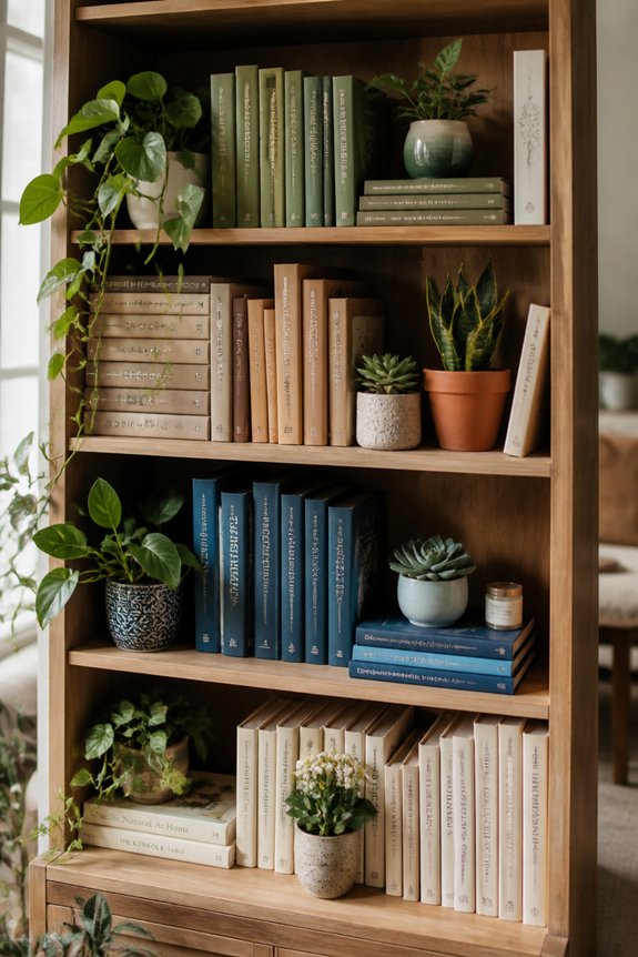 color coordinated bookshelf greenery