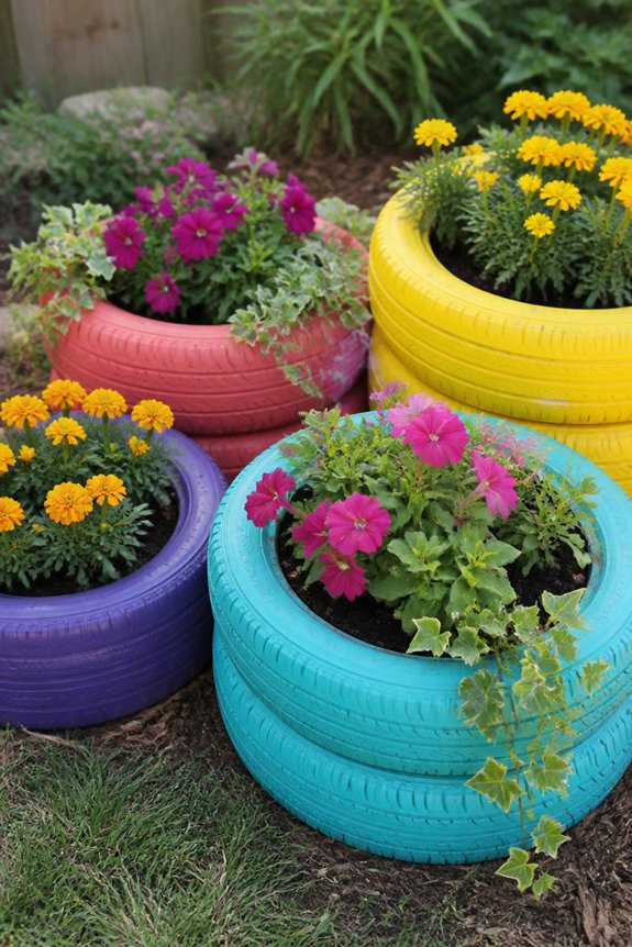 colorful tire garden planters