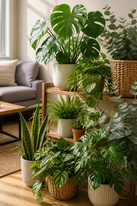 layer faux and real plants