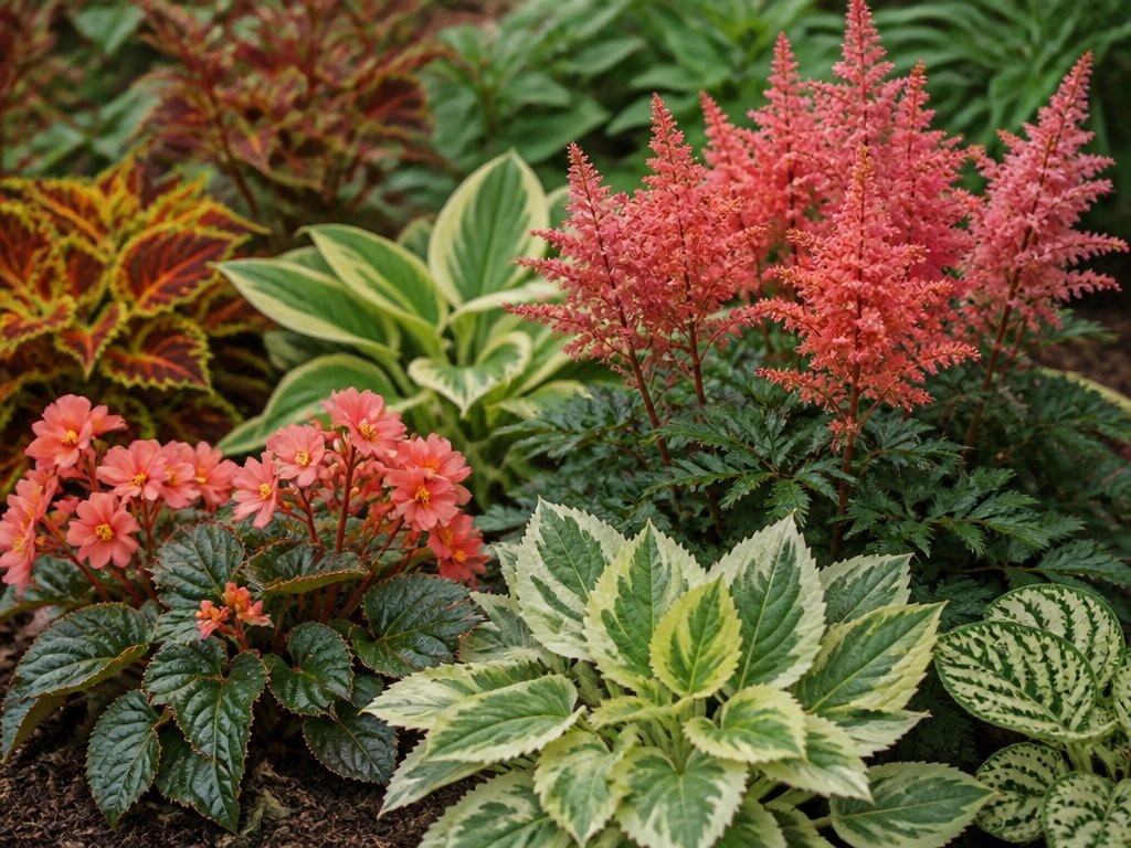 coral and variegated foliage