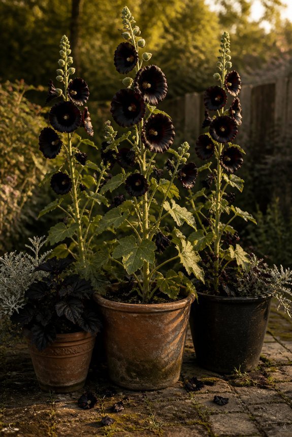 dramatic black hollyhocks centerpiece
