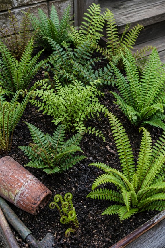 ferns and dark mulch