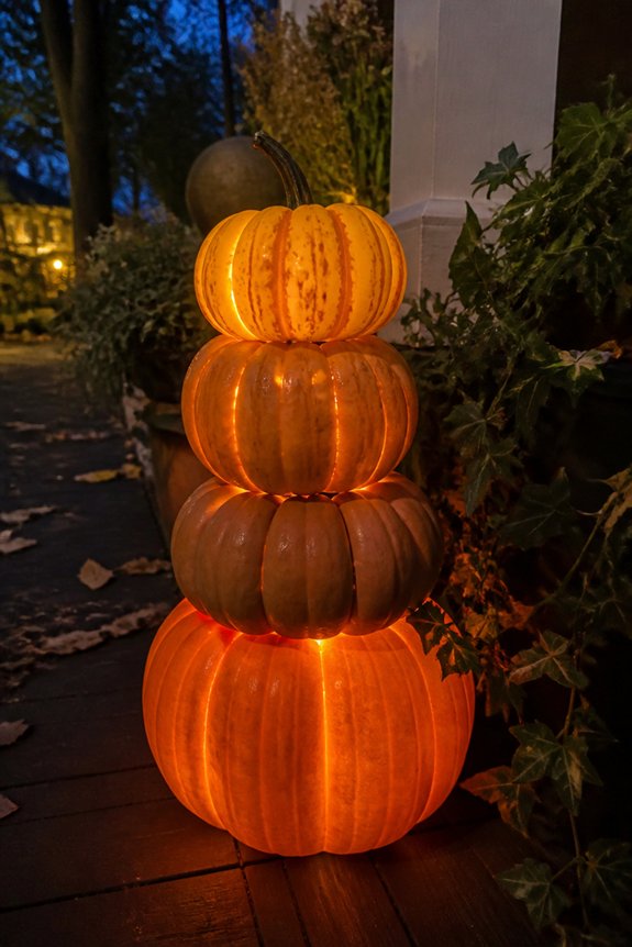 glowing pumpkin towers illuminate paths