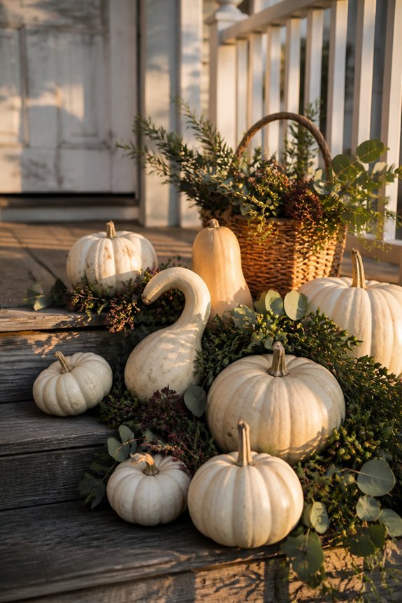 white pumpkins dark greenery