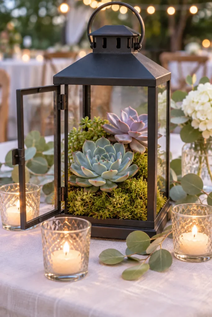 Glass Lanterns Filled With Moss and Rosettes