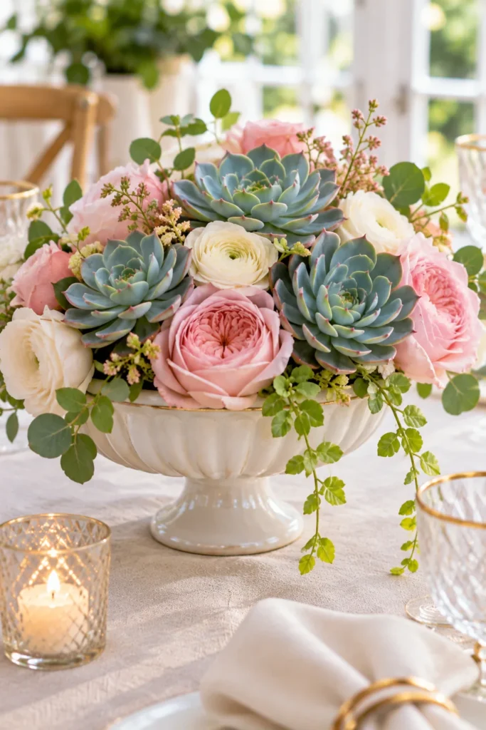 Echeveria and Garden Roses in a Low Footed Bowl