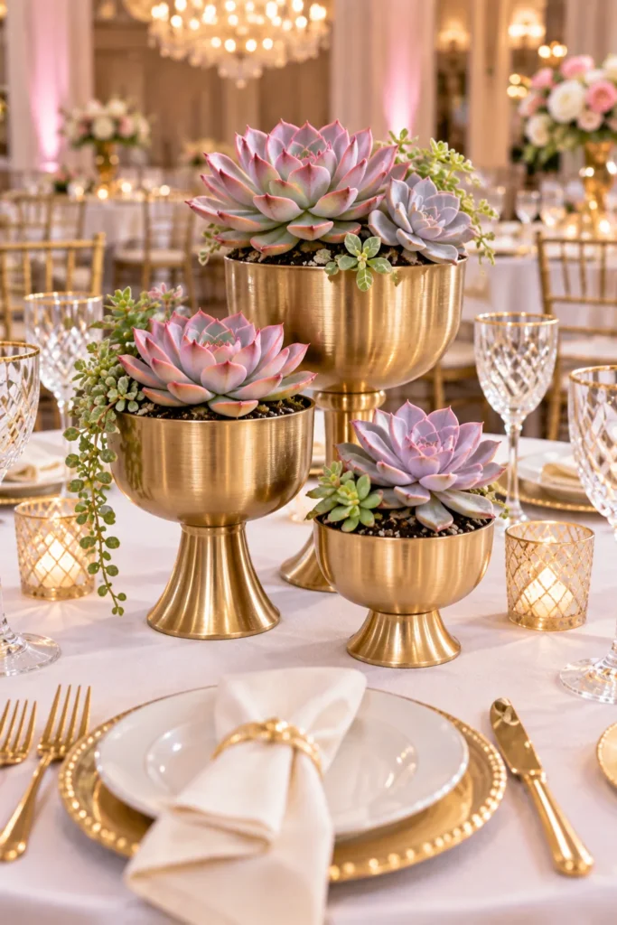 Blush Succulents in Gold Vases for a Glam Table
